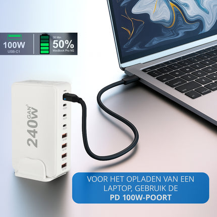 USB-C Snellader 240W – 8-Poorts GaN III Oplader met PD100W, PD30W & QC18W – Snelle USB-C Lader voor Laptop, Smartphone & Tablet