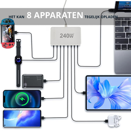 USB-C Snellader 240W – 8-Poorts GaN III Oplader met PD100W, PD30W & QC18W – Snelle USB-C Lader voor Laptop, Smartphone & Tablet