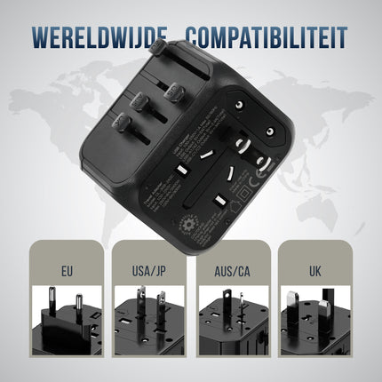 Wereldstekker met USB – Internationale Reisadapter 150+ Landen – 2x USB-C & 2x USB-A – Automatische Zekering – Universele Reislader Zwart