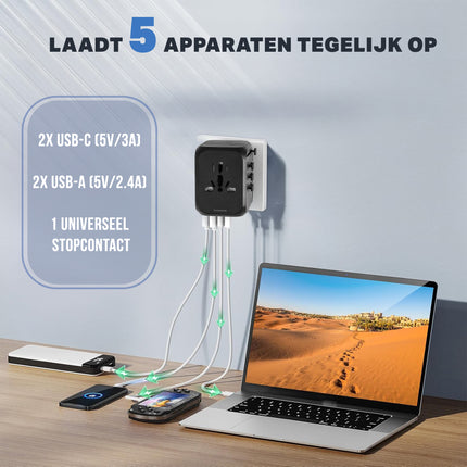 Wereldstekker met USB – Internationale Reisadapter 150+ Landen – 2x USB-C & 2x USB-A – Automatische Zekering – Universele Reislader Zwart