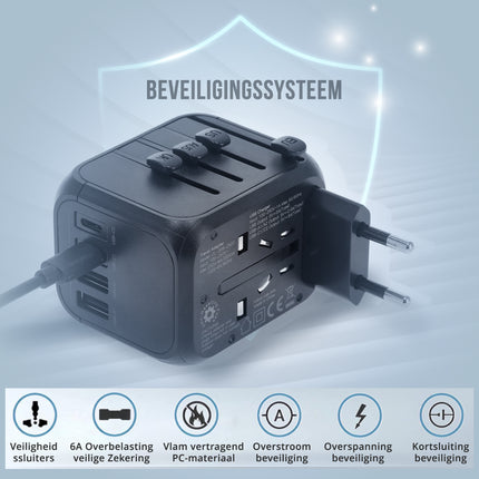 Wereldstekker met USB – Internationale Reisadapter 150+ Landen – 2x USB-C & 2x USB-A – Automatische Zekering – Universele Reislader Zwart