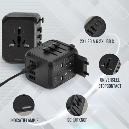 Wereldstekker met USB – Internationale Reisadapter 150+ Landen – 2x USB-C & 2x USB-A – Automatische Zekering – Universele Reislader Zwart