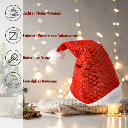 Kerstmutsen Volwassenen & Kinderen - Voordelpak Pailletten Muts Set van 12 - Maat 54-56 - Partymuts voor Kerst, Carnavals en Feest!