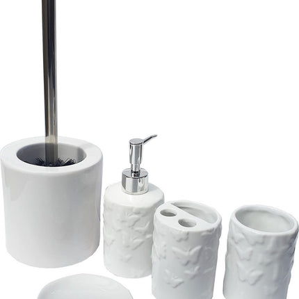 Toiletborstel - WC Borstel Set Vrijstaand Keramiek met Zwart RVS borstel - Complete badkamer set - Wit - Porselein