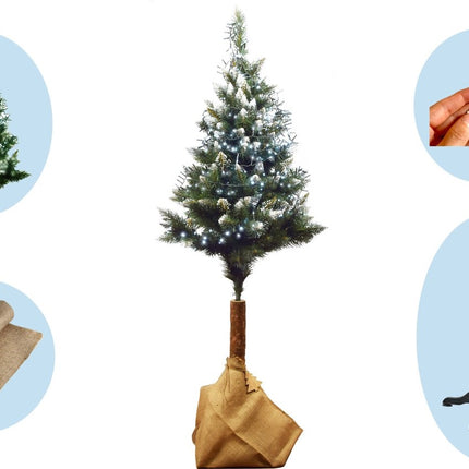 Compleet kerstboom met decoratie set | alles in één | Kerstboom 180 cm natuurlijke houten stam |Kerstverlichting 384 Led | 45 set kerstballen met piek Goud | met kerstbalhaakjes 50 stuks