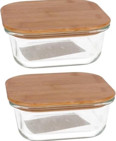 4x Glazen voorraad/vershoud bakje bamboe deksel 1100 ml - Bewaarbakjes ovenbestendig glas