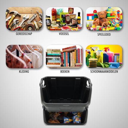 Stapelbak Magazijnbak XL Zwart - 59x37x35 cm - Stevige Stapelbare Box voor Magazijn, Schuur & Voedselopslag