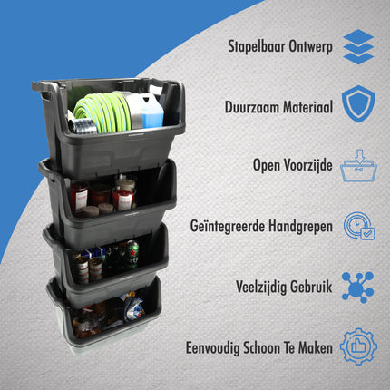 Stapelbak Magazijnbak XL Zwart - 59x37x35 cm - Stevige Stapelbare Box voor Magazijn, Schuur & Voedselopslag