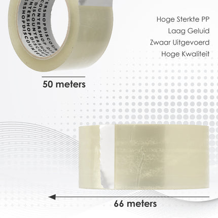 Verpakkingstape Transparant 50mm x 66m - 6 Rollen Sterk Plakband - Low Noise PP Tape voor Verpakken & Verzenden