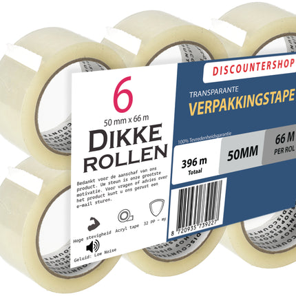 Verpakkingstape Transparant 50mm x 66m - 6 Rollen Sterk Plakband - Low Noise PP Tape voor Verpakken & Verzenden