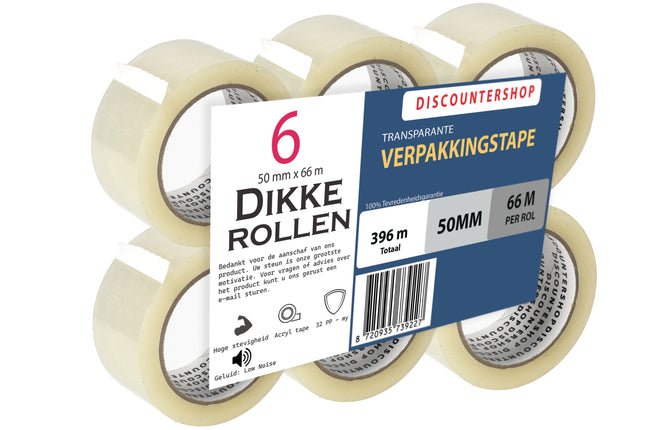 Verpakkingstape Transparant 50mm x 66m - 6 Rollen Sterk Plakband - Low Noise PP Tape voor Verpakken & Verzenden