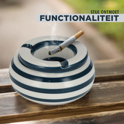 Stormasbak Keramiek | Aardewerk Blauw/Wit - Windbestendig - 11cm Diameter | Sigaretten Asbak voor Buiten & Terras