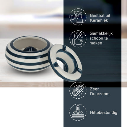 Stormasbak Keramiek | Aardewerk Blauw/Wit - Windbestendig - 11cm Diameter | Sigaretten Asbak voor Buiten & Terras