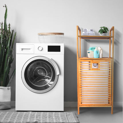 Bamboe Badkamerrek met Uittrekbare en Afneembare Waszak | Modern Ontwerp | 95cm x 40cm x 30 cm | Opbergrek voor Badkamer Om Essentiële Items Te Bewaren 