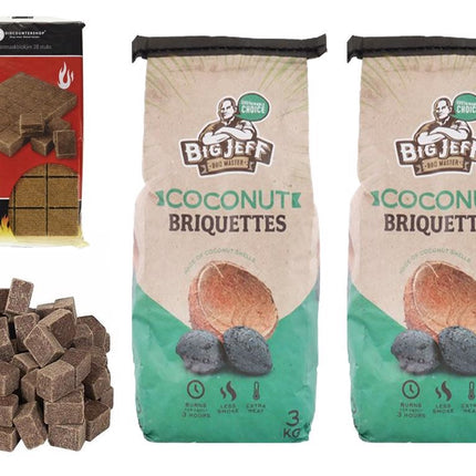 3x barbecuekool- 3kg - kokosbriketten+ 28x Aanmaakblokjes Duurzaam - hoge kwaliteit - kokosnootbasten 