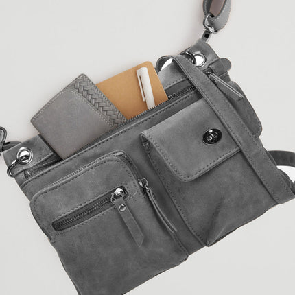 Bicky Bernard Dames Schoudertas - Crossbodytas Grijs - Platte Tas met Meerdere Ritssluitingen - Afneembare Schouderriem - 5 Vakken - 21,5 cm Hoog x 27 cm Breed x 4 cm Diep - Kunstleer
