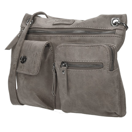 Bicky Bernard Dames Schoudertas - Crossbodytas Grijs - Platte Tas met Meerdere Ritssluitingen - Afneembare Schouderriem - 5 Vakken - 21,5 cm Hoog x 27 cm Breed x 4 cm Diep - Kunstleer