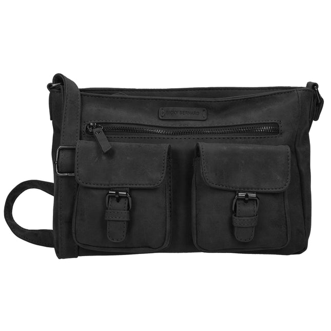 Bicky Bernard Dames Schoudertas Zwart - Stoere Crossbody Tas met Dubbele Ritssluiting - Ruim Hoofdvak & Voorvakken met Magneetsluiting - Verstelbare Schouderband