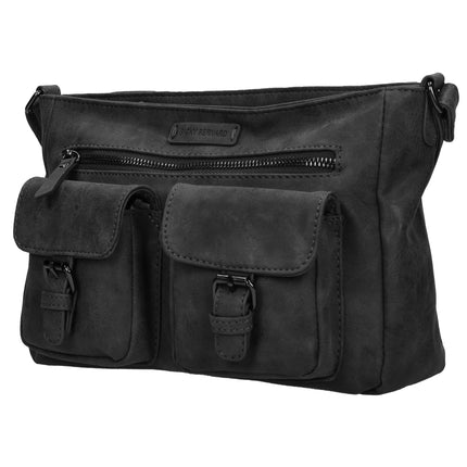 Bicky Bernard Dames Schoudertas Zwart - Stoere Crossbody Tas met Dubbele Ritssluiting - Ruim Hoofdvak & Voorvakken met Magneetsluiting - Verstelbare Schouderband