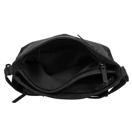 Bicky Bernard Dames Schoudertas Zwart - Stoere Crossbody Tas met Dubbele Ritssluiting - Ruim Hoofdvak & Voorvakken met Magneetsluiting - Verstelbare Schouderband