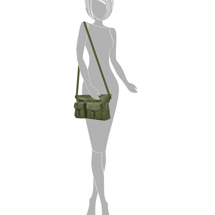 Dames Schoudertas Olijf - -Stoere Tas met Dubbele Ritssluiting & Magneetsluiting - Voorvakjes & Ruim Hoofdvak