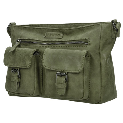 Dames Schoudertas Olijf - -Stoere Tas met Dubbele Ritssluiting & Magneetsluiting - Voorvakjes & Ruim Hoofdvak