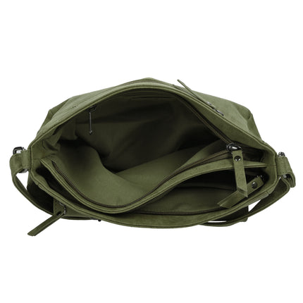 Dames Schoudertas Olijf - -Stoere Tas met Dubbele Ritssluiting & Magneetsluiting - Voorvakjes & Ruim Hoofdvak