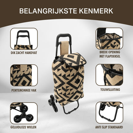 Opvouwbare Boodschappentrolley Jute met Wielen 33L - Boodschappentas met Wieltjes - Ideaal voor Trappen - L92 x B32,5 x H41cm