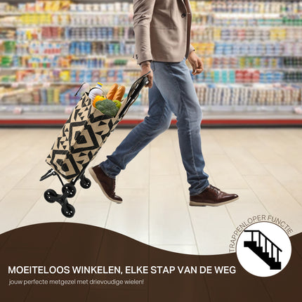 Opvouwbare Boodschappentrolley Jute met Wielen 33L - Boodschappentas met Wieltjes - Ideaal voor Trappen - L92 x B32,5 x H41cm