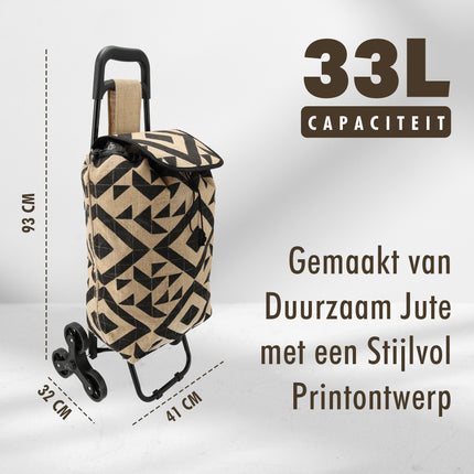 Opvouwbare Boodschappentrolley Jute met Wielen 33L - Boodschappentas met Wieltjes - Ideaal voor Trappen - L92 x B32,5 x H41cm