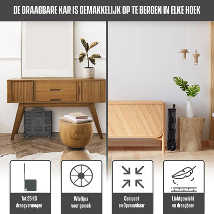 Opvouwbare Trolley met Ergonomisch Handvat en Lichtgewicht Ontwerp | Kunststof  | Zwarte Opvouwbare Bagagewagen tot 25kg Capaciteit