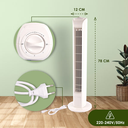 Witte Geruisloze Staande Ventilator met Krachtige Luchtstroom | 78cm Hoog | 3 Snelheden | 3 Oscillatie Snelheden | 45W | Torenventilator Geschikt Voor Aromatherapie | Ideaal voor Grote Slaapkamers en Kantoor