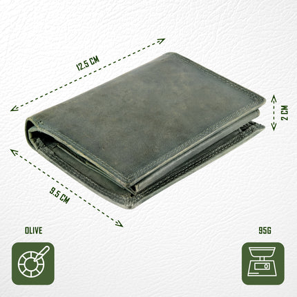 Olijf Leren Portemonnee Heren | 12.5cm x 9.5cm x 2cm | 8 Kaartsleuven | 2 Ruime Biljetvakken | 4 Doorzichtige Vakken voor ID | 1 Verborgen Ritsvak |  RFID Bescherming | Echt Leer | Perfect Cadeau met Unieke Combinatie van Functionaliteit 