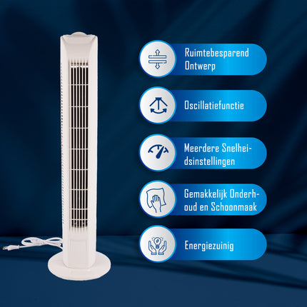 Witte Geruisloze Staande Ventilator met Krachtige Luchtstroom | 78cm Hoog | 3 Snelheden | 3 Oscillatie Snelheden | 45W | Torenventilator Geschikt Voor Aromatherapie | Ideaal voor Grote Slaapkamers en Kantoor