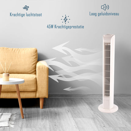 Elegante Witte Torenventilator | 78cm Hoog | 12cm Breed | 3 Snelheden | 3 Oscillatie Snelheden | 45W | 220-240V/50HZ | Ultieme Luchtstroom | Moderne Staande Ventilator