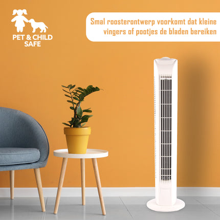 Witte Geruisloze Staande Ventilator met Krachtige Luchtstroom | 78cm Hoog | 3 Snelheden | 3 Oscillatie Snelheden | 45W | Torenventilator Geschikt Voor Aromatherapie | Ideaal voor Grote Slaapkamers en Kantoor