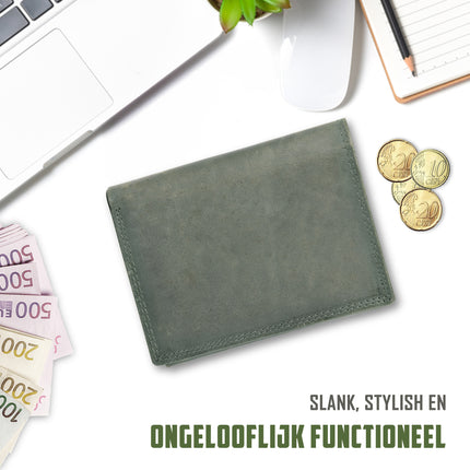 Olijf Leren Portemonnee Heren | 12.5cm x 9.5cm x 2cm | 8 Kaartsleuven | 2 Ruime Biljetvakken | 4 Doorzichtige Vakken voor ID | 1 Verborgen Ritsvak |  RFID Bescherming | Echt Leer | Perfect Cadeau met Unieke Combinatie van Functionaliteit 
