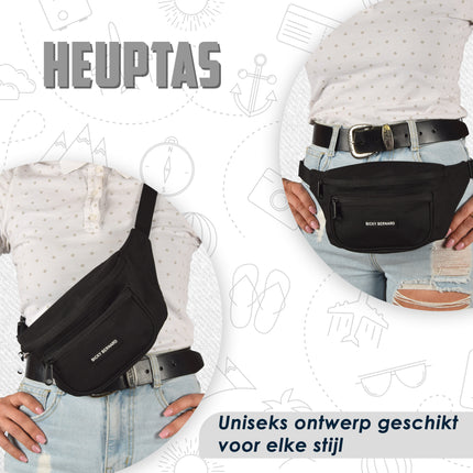 Unisex Heuptas Zwart | 13cm x 30cm | Nylon Heuptas Voor Wandelen Reizen Sporten | Crossbody Phone Pouch en Paspoorthouder voor Dames & Heren | 3 Compartimenten | Niet Geschikt voor Laptop | Sport Heuptas