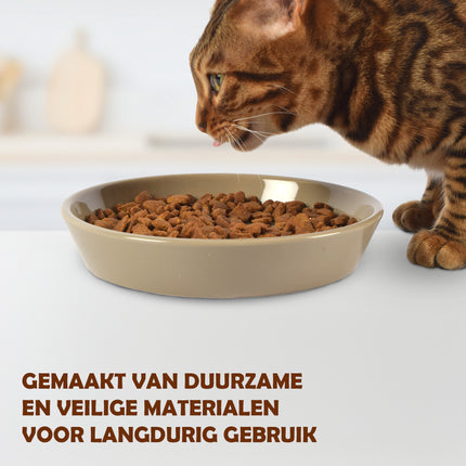 Keramiek Drinkbak | Kat Voerbak | Ronde Waterbak | Taupe | 20cm x 20cm x 3.5cm | Onderhoudsvriendelijk | Antislip | Vaatwasmachinebestendig | 500ml