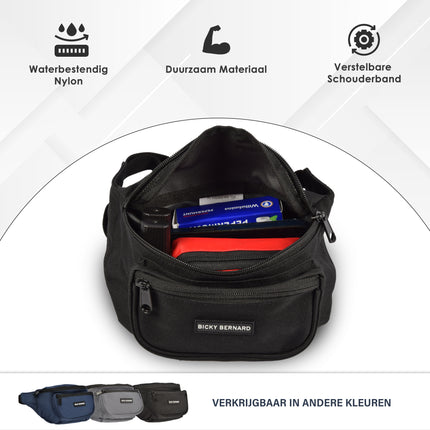 Unisex Heuptas Zwart | 13cm x 30cm | Nylon Heuptas Voor Wandelen Reizen Sporten | Crossbody Phone Pouch en Paspoorthouder voor Dames & Heren | 3 Compartimenten | Niet Geschikt voor Laptop | Sport Heuptas