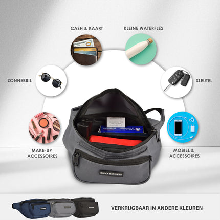 Unisex Heuptasje Voor Telefoon | Crossbody Wandeltasje Voor Dames en Heren | Grijs | Nylon | 13cm x 30cm | Buiktasje met 3 Vakken | Heuptasje Voor Reizen Wandelen en Sport 