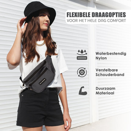 Unisex Heuptasje Voor Telefoon | Crossbody Wandeltasje Voor Dames en Heren | Grijs | Nylon | 13cm x 30cm | Buiktasje met 3 Vakken | Heuptasje Voor Reizen Wandelen en Sport 