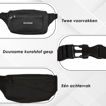 Unisex Heuptas Zwart | 13cm x 30cm | Nylon Heuptas Voor Wandelen Reizen Sporten | Crossbody Phone Pouch en Paspoorthouder voor Dames & Heren | 3 Compartimenten | Niet Geschikt voor Laptop | Sport Heuptas