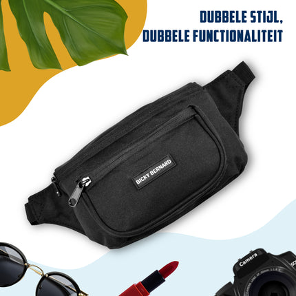 Unisex Heuptas Zwart | 13cm x 30cm | Nylon Heuptas Voor Wandelen Reizen Sporten | Crossbody Phone Pouch en Paspoorthouder voor Dames & Heren | 3 Compartimenten | Niet Geschikt voor Laptop | Sport Heuptas