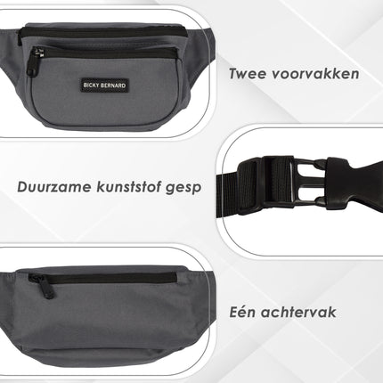 Unisex Heuptasje Voor Telefoon | Crossbody Wandeltasje Voor Dames en Heren | Grijs | Nylon | 13cm x 30cm | Buiktasje met 3 Vakken | Heuptasje Voor Reizen Wandelen en Sport 