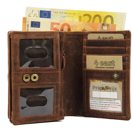 Luxe Bruine Buffelleer Portemonnee - RFID, Drukknopen En Muntenvak - 12.5x8.5x3 cm 