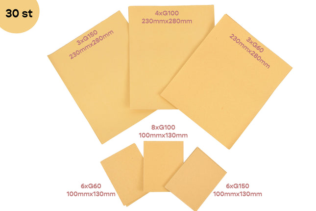 Schuurpapier Set - 30 Stuks | Schuurmaterialen voor Volwassenen | Fijn, Grof, Metaal- en Meubel Schuurpapier | 9.30x20 cm | Beige