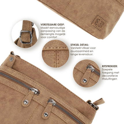 Leren Crossbodytas Dames - Camel Handtas Dames Crossbody - ImitatieLeer - Perfect Cadeau voor Haar - 25x17x7cm - 5 Vakken