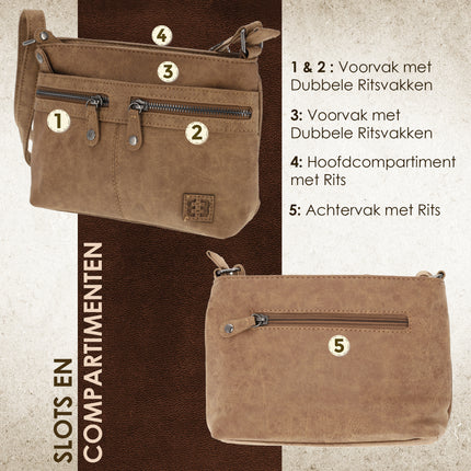 Leren Crossbodytas Dames - Camel Handtas Dames Crossbody - ImitatieLeer - Perfect Cadeau voor Haar - 25x17x7cm - 5 Vakken