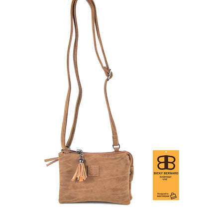 Bicky Bernard schoudertas Harmonica 3 Vaks tasje cognac met 3 hoofdvakken